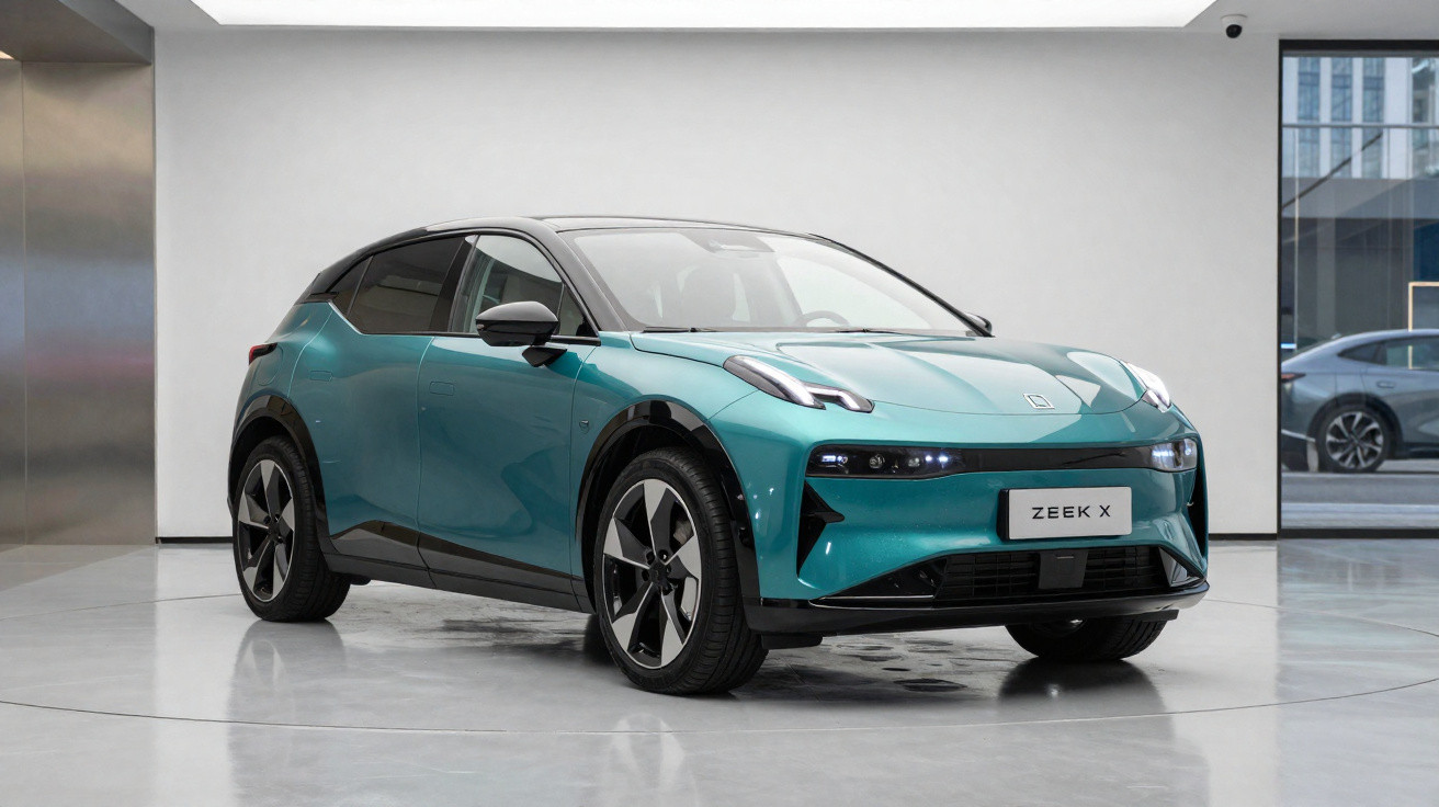 Carro elétrico ZEEK X azul exibido em showroom moderno com chão espelhado e parede branca.