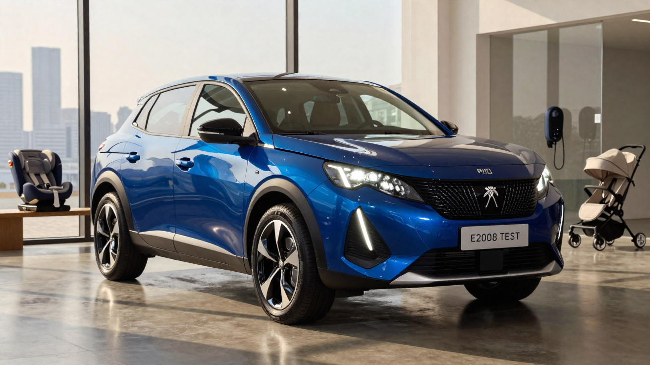 Carro SUV azul Peugeot E2008 estacionado em interior moderno com cadeirão e carrinho de bebé ao fundo.