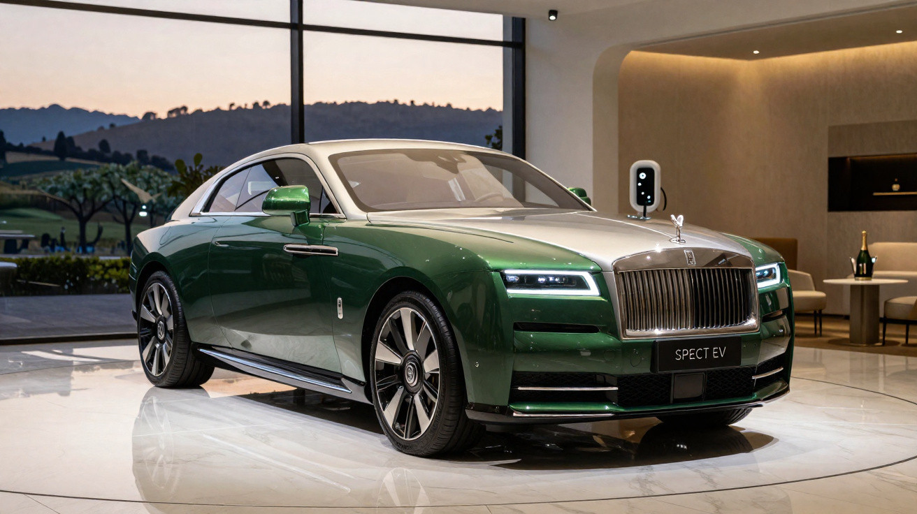 Carro elétrico de luxo Rolls-Royce Spectre EV verde e prateado em exposição interior moderna.