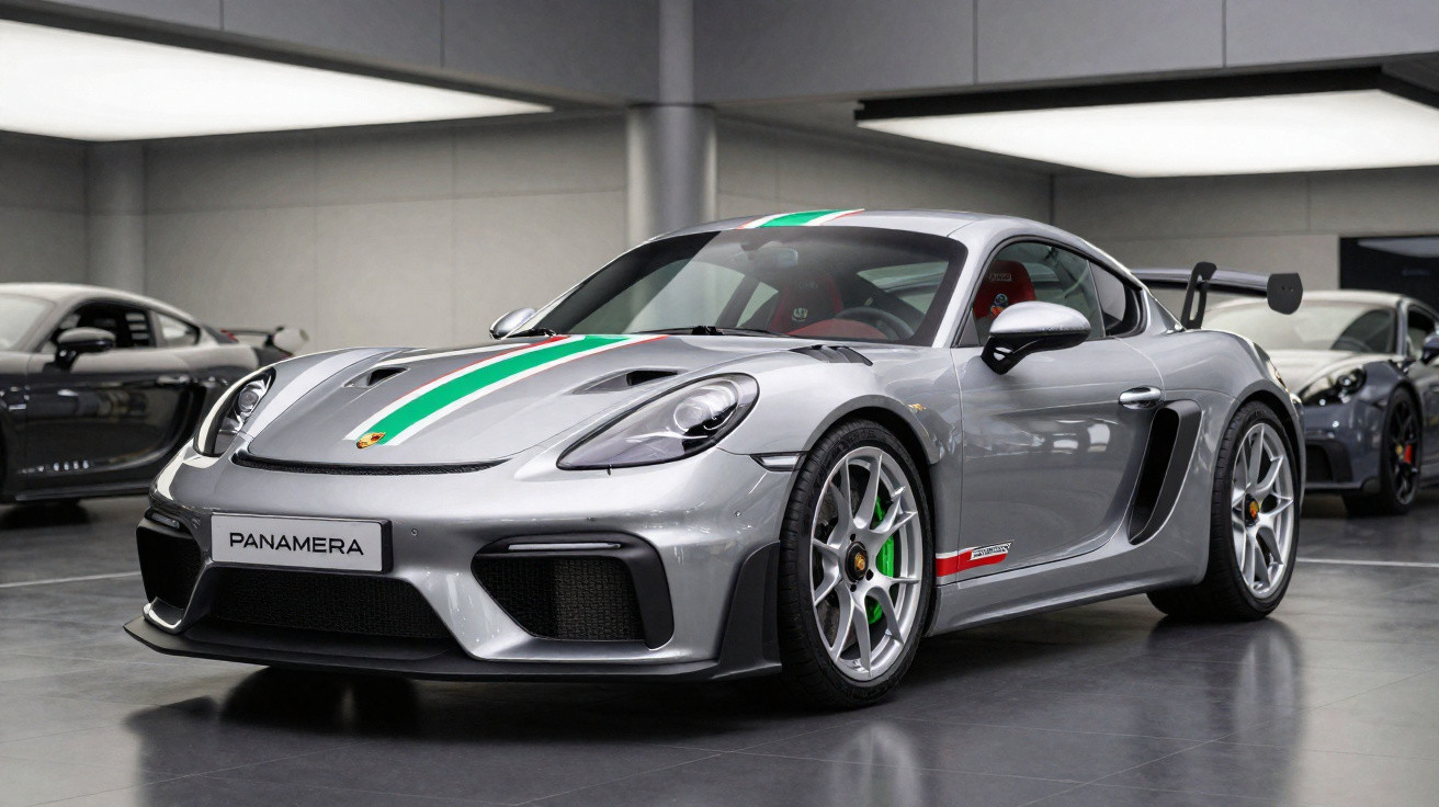 Carro desportivo prata com faixa verde e branca, interior vermelho, em exposição numa sala moderna.