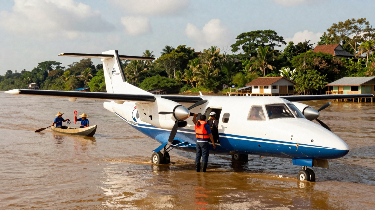 Avião hidroavião branco e azul em água rasa com pessoas e barco pequeno perto de casas e árvores verdes.