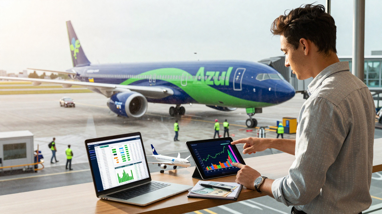 Homem com dois computadores portáteis e maquete de avião em mesa, com avião Azul no aeroporto ao fundo.