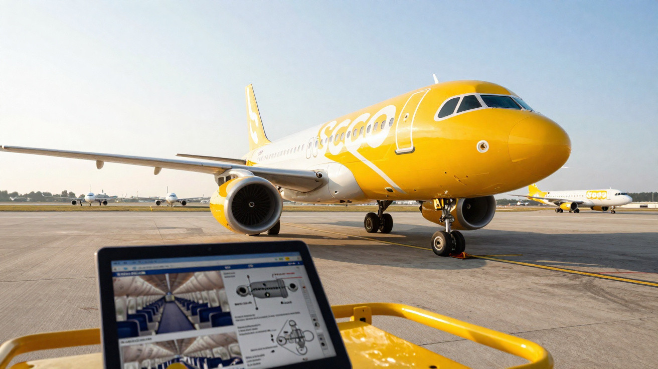 Avião amarelo da companhia Scoot estacionado no aeroporto com computador portátil em primeiro plano.