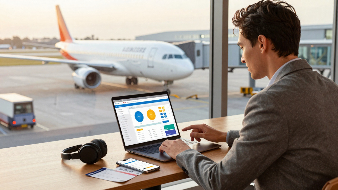 Homem sentado no aeroporto a trabalhar num computador portátil com um avião estacionado ao fundo.