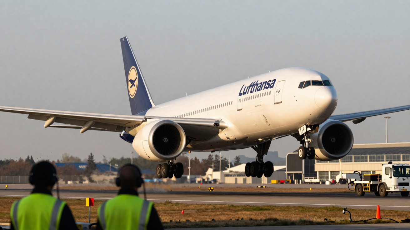 Avião da Lufthansa a aterrar com duas pessoas de colete refletor a observar na pista.
