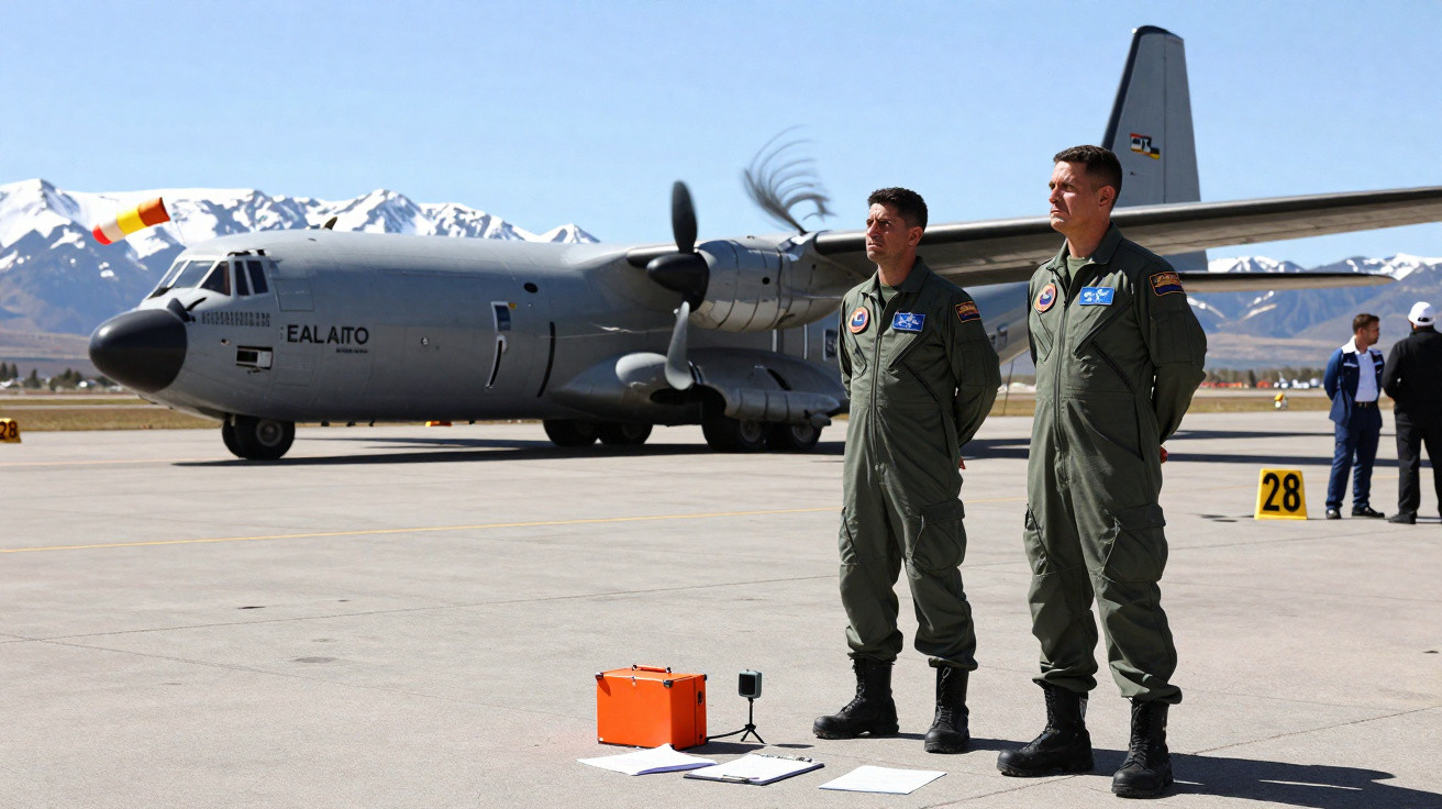 Dois militares de pijama verde em pista de aeroporto com avião de transporte militar cinzento e montanhas ao fundo.