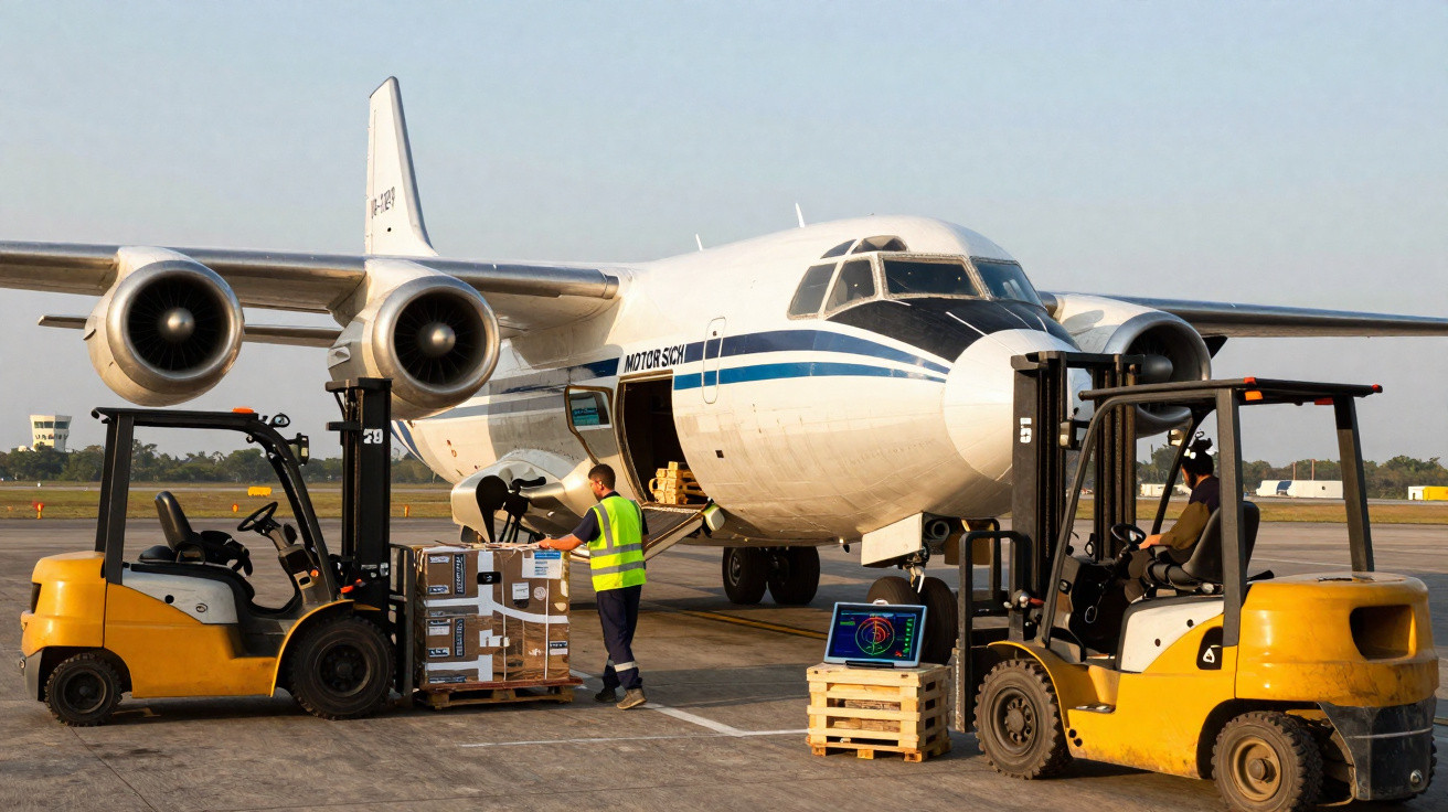 Avião branco a ser carregado com caixas por dois empilhadores e um trabalhador num aeroporto.