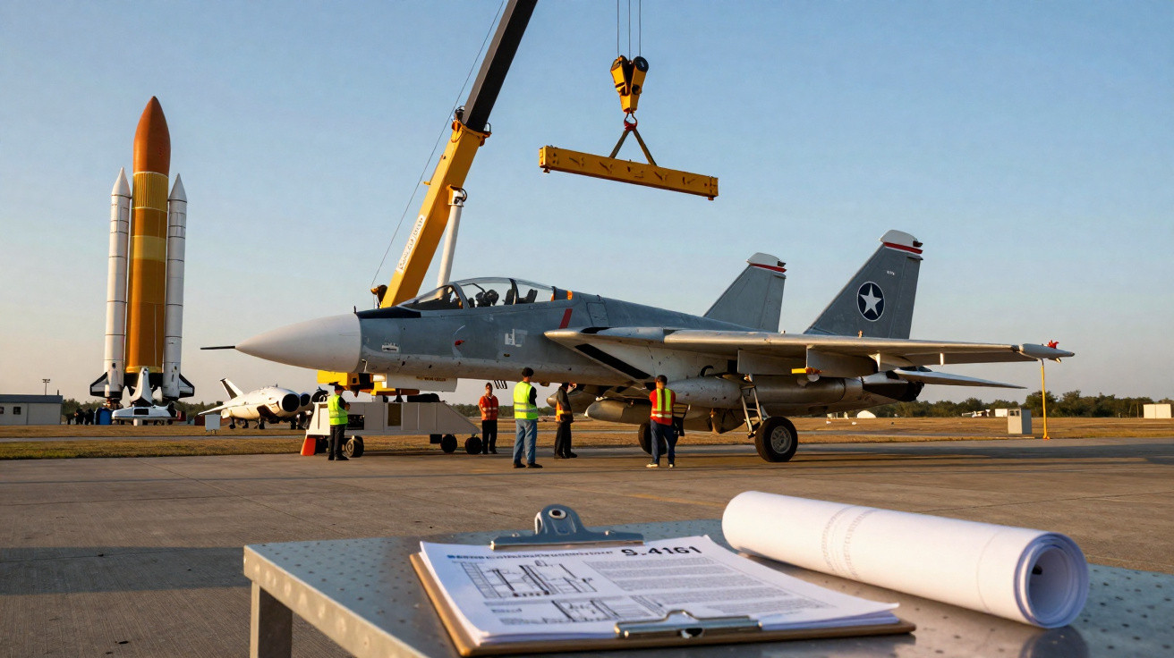 Avião de combate estacionado numa pista com técnicos e uma grua elevando uma peça metálica ao lado.