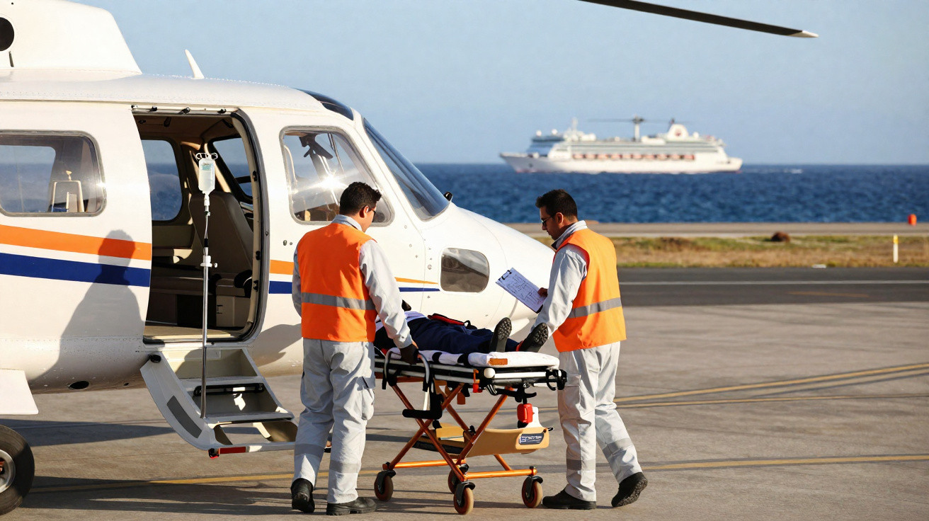 Dois profissionais de emergência preparam maca para transportar doente para helicóptero no aeroporto perto do mar.