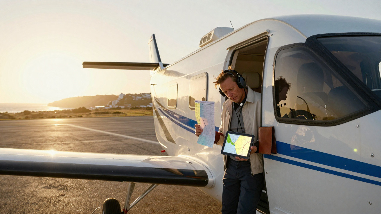 Homem com auscultadores consulta mapa digital e papel junto a avião pequeno num aeroporto ao pôr do sol.