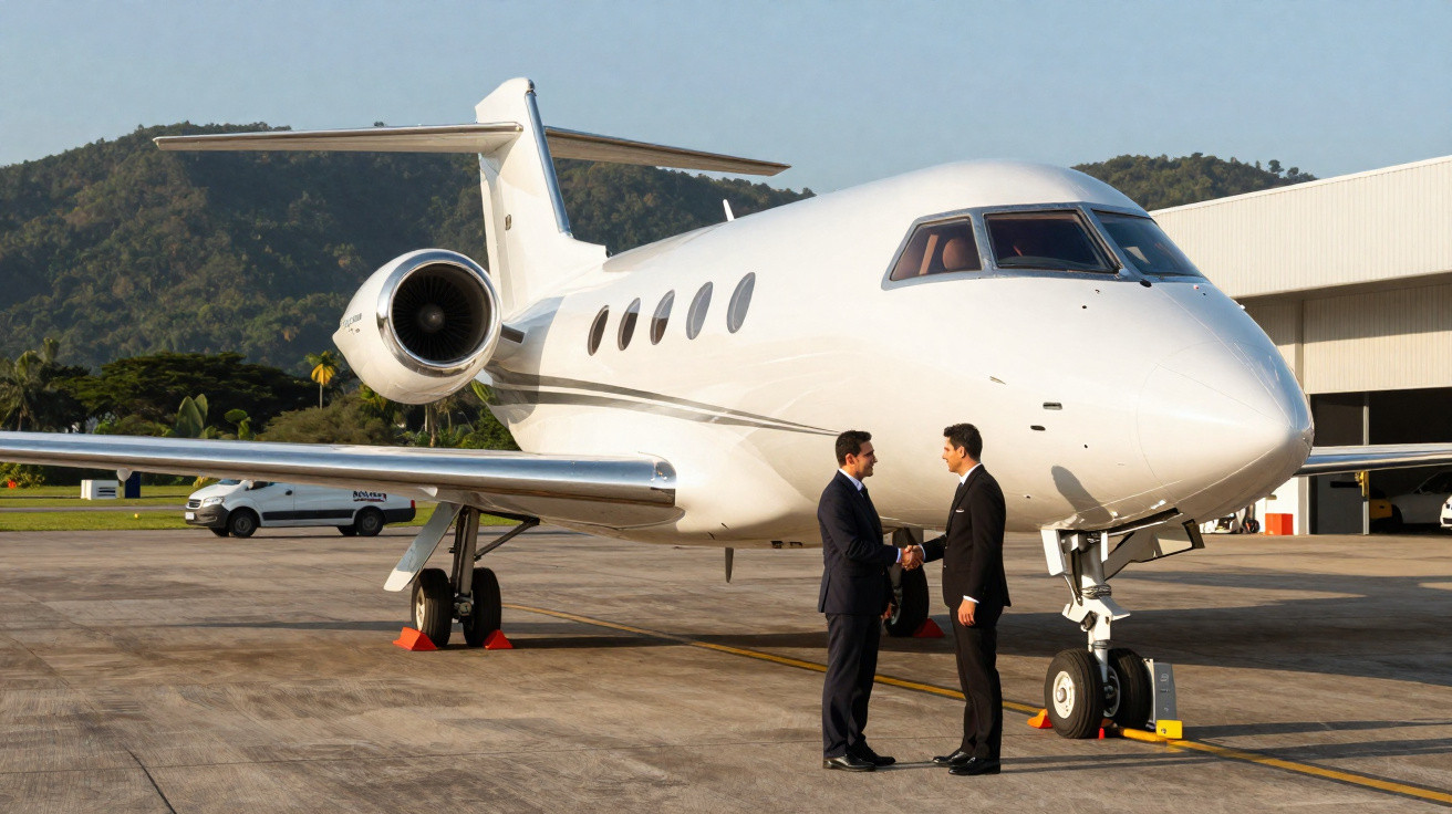Dois homens em fato apertam as mãos em frente a um jato executivo estacionado no aeroporto.