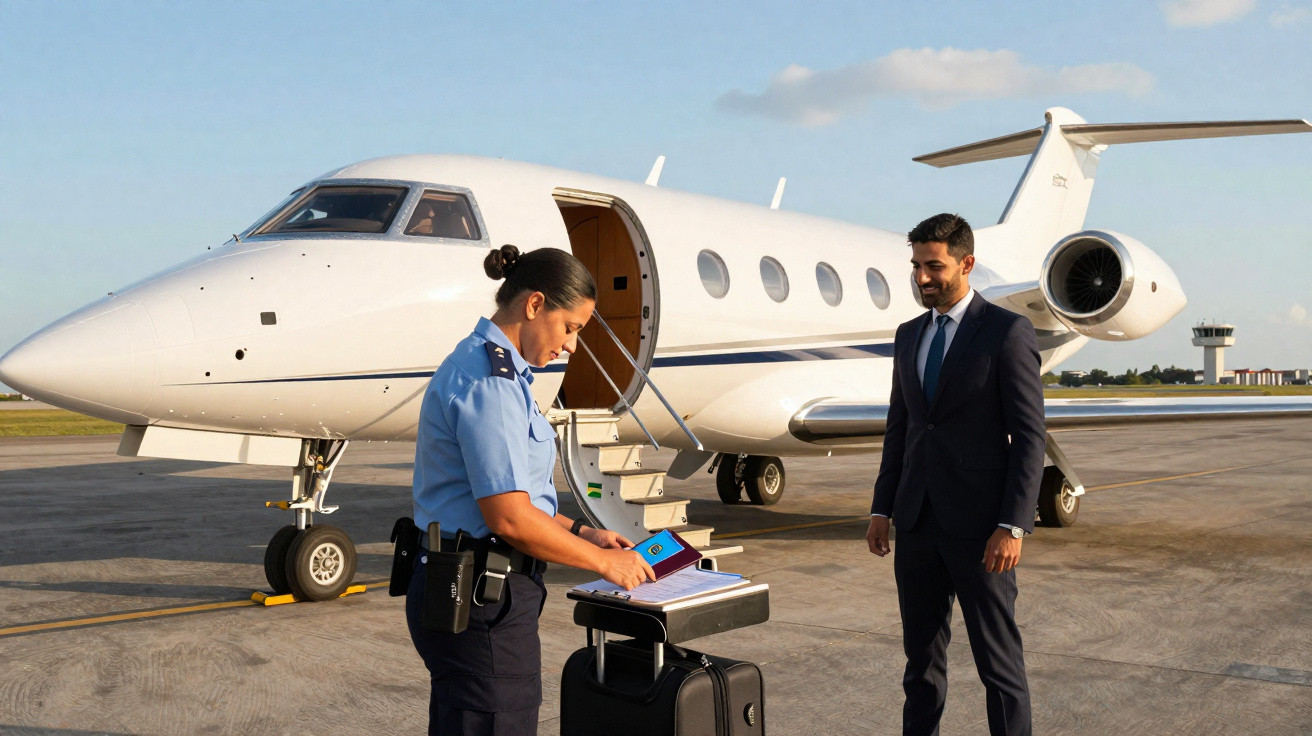 Agente da autoridade verifica documentos de passageiro em fato junto a jato privado num aeroporto.