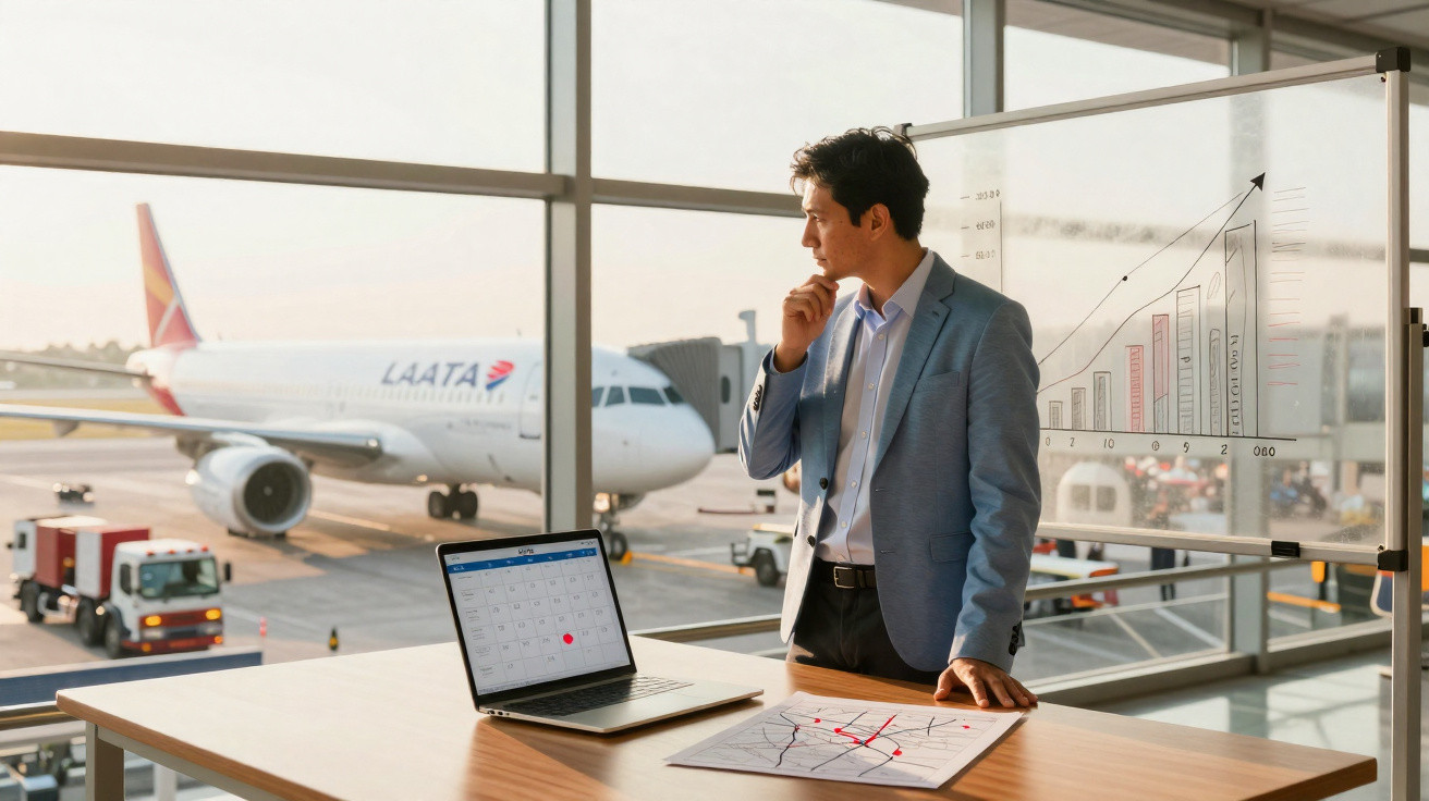 Homem de negócios a pensar junto a mesa com laptop e gráfico, próximo a avião no aeroporto.
