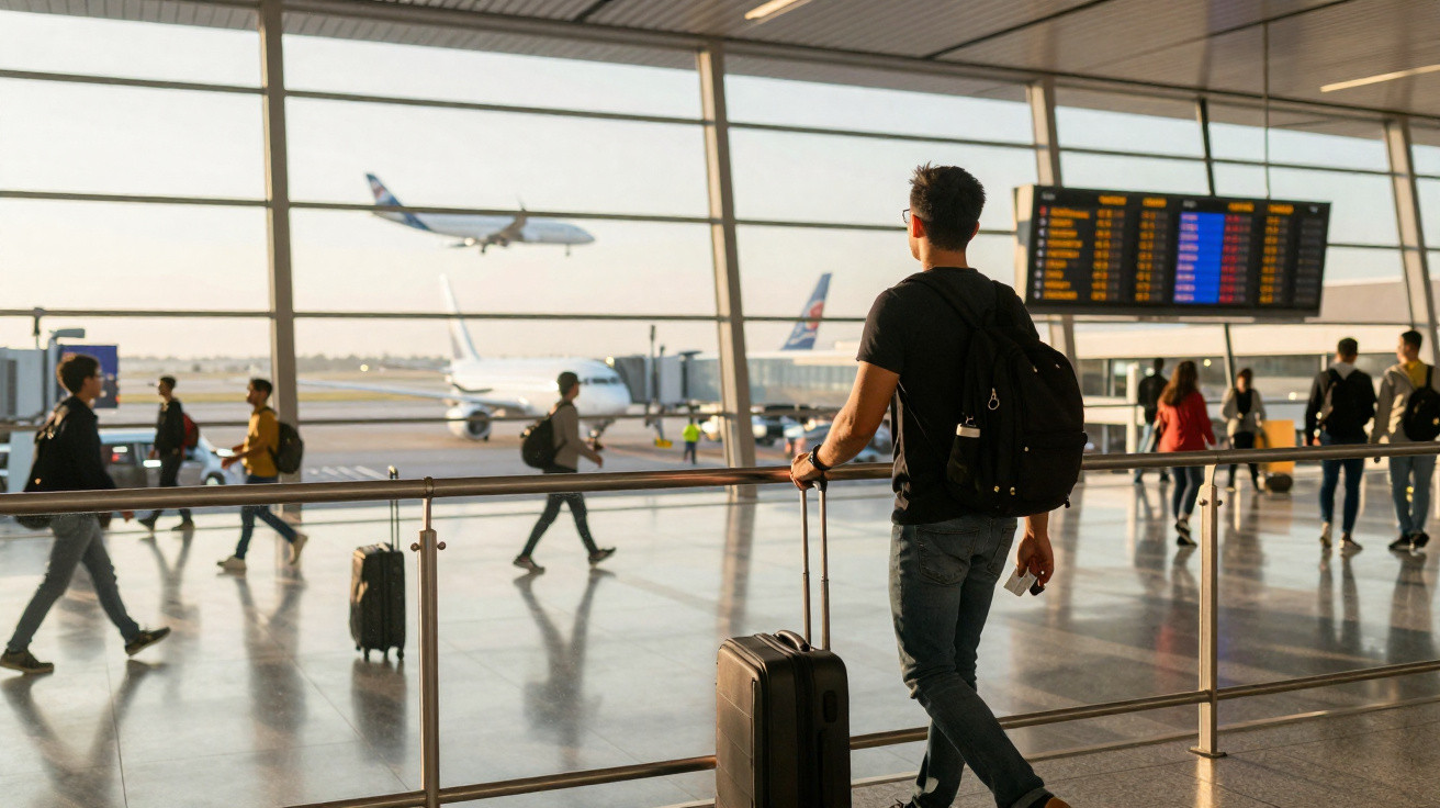 Jovem com mochila e mala observa avião a descolar numa área movimentada de aeroporto com painéis digitais.