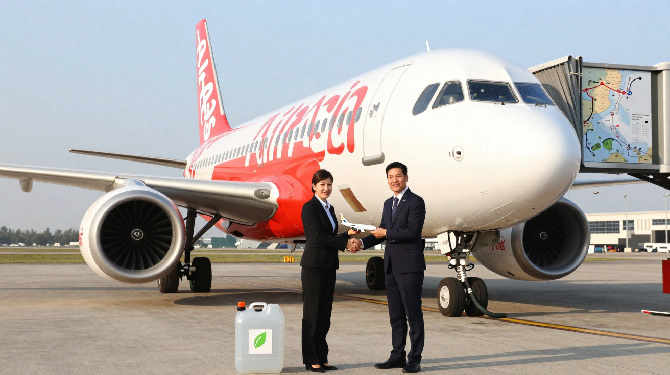 Duas pessoas em fato cumprimentam-se junto a um avião AirAsia num aeroporto, com bidão ecológico no chão.