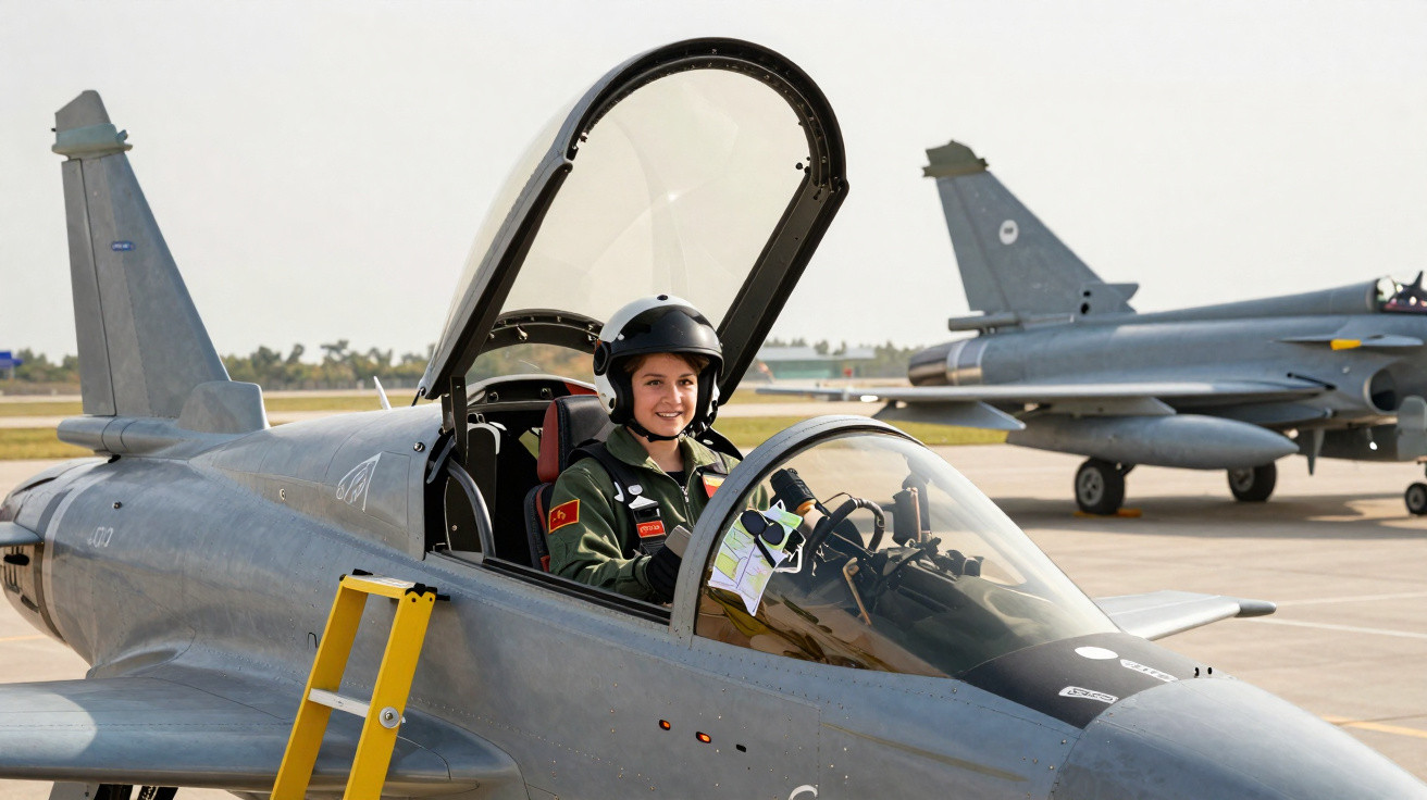 Piloto militar sorridente com capacete sentado na cabine de um jato de combate numa pista de aeroportos.