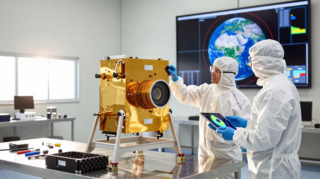 Cientistas em fatos de laboratório a inspecionar equipamento espacial dourado numa sala de controlo com monitor do globo terr