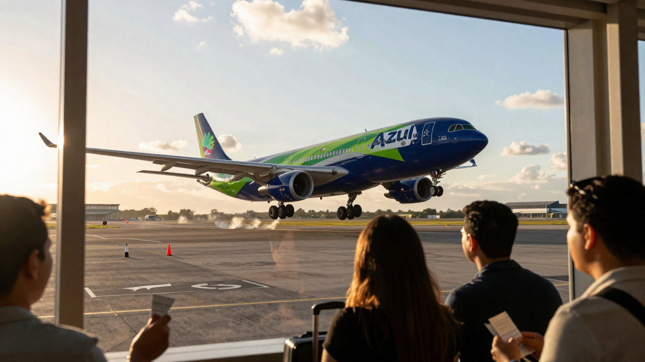Avião da Azul a aterrar no aeroporto visto através de uma janela com quatro pessoas a observar.