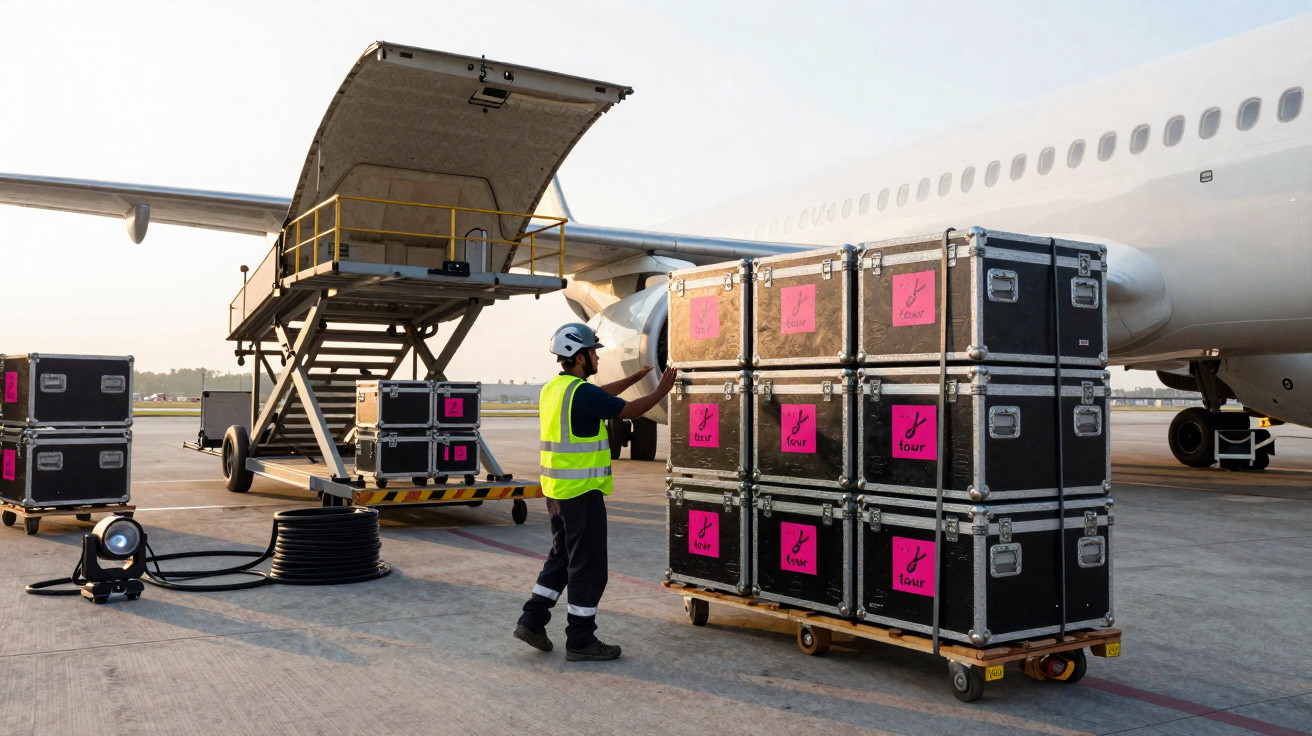 Trabalhador com colete refletor organiza caixas pretas num aeroporto junto a avião carregador aberto.