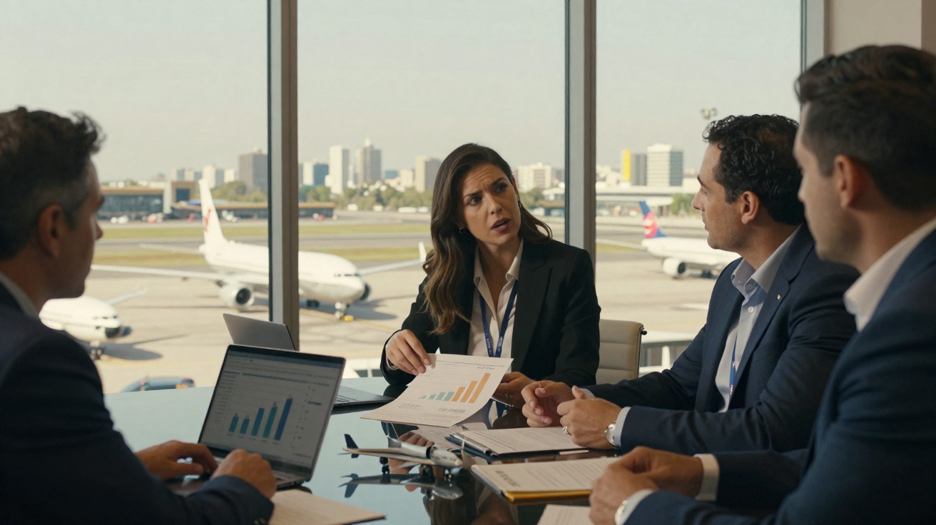 Reunião de negócios com quatro profissionais a analisar gráficos e discutir no aeroporto ao fundo.