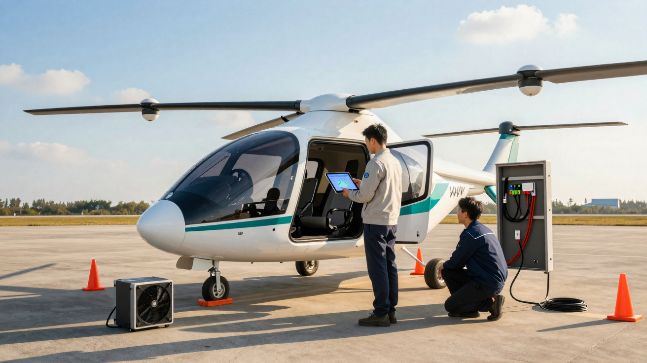 Helicóptero elétrico branco estacionado com dois técnicos a realizar manutenção num dia soalheiro.