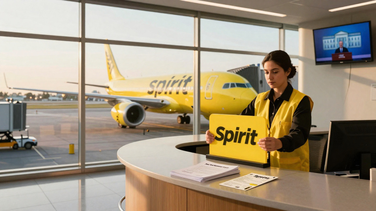 Funcionária no balcão do aeroporto com colete amarelo e avião amarelo da Spirit ao fundo.