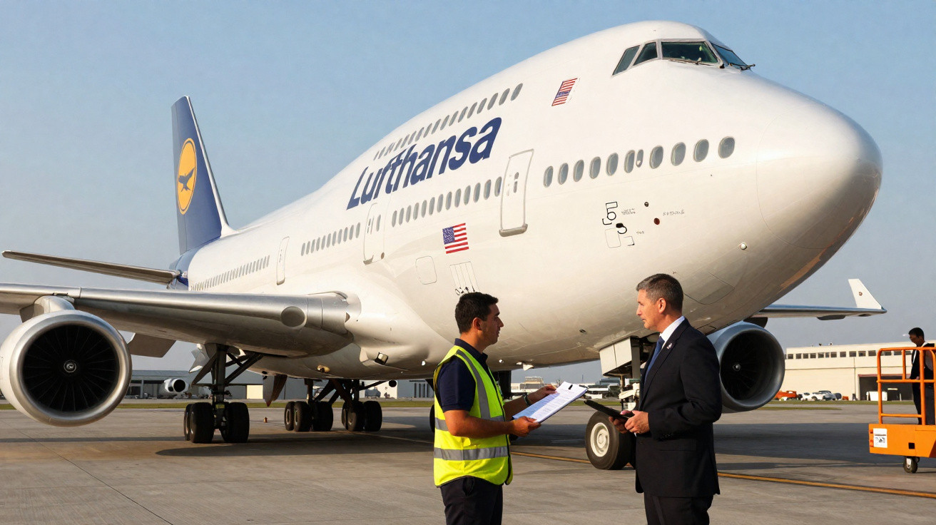 Avião Lufthansa na pista com dois homens em conversa, um de colete refletor e outro de fato escuro.