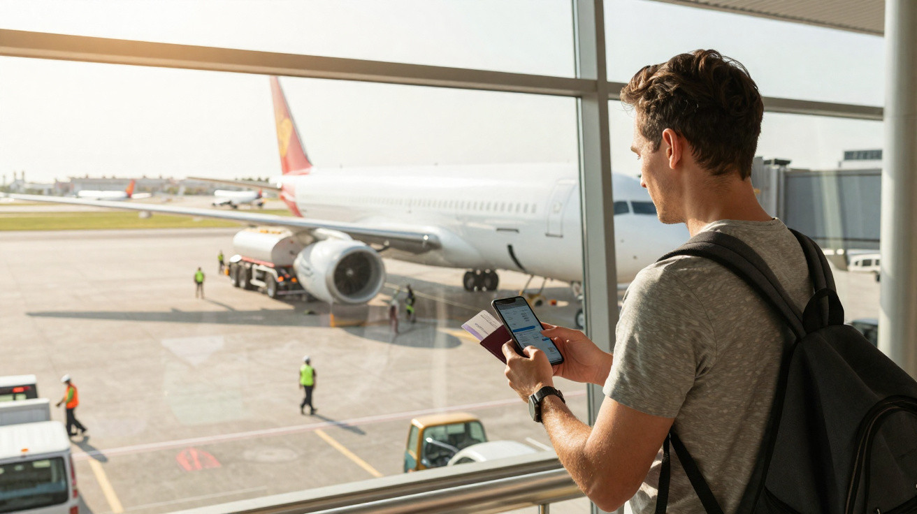 Homem com mochila vê avião no aeroporto enquanto consulta telemóvel e segura passaporte e cartão de embarque.