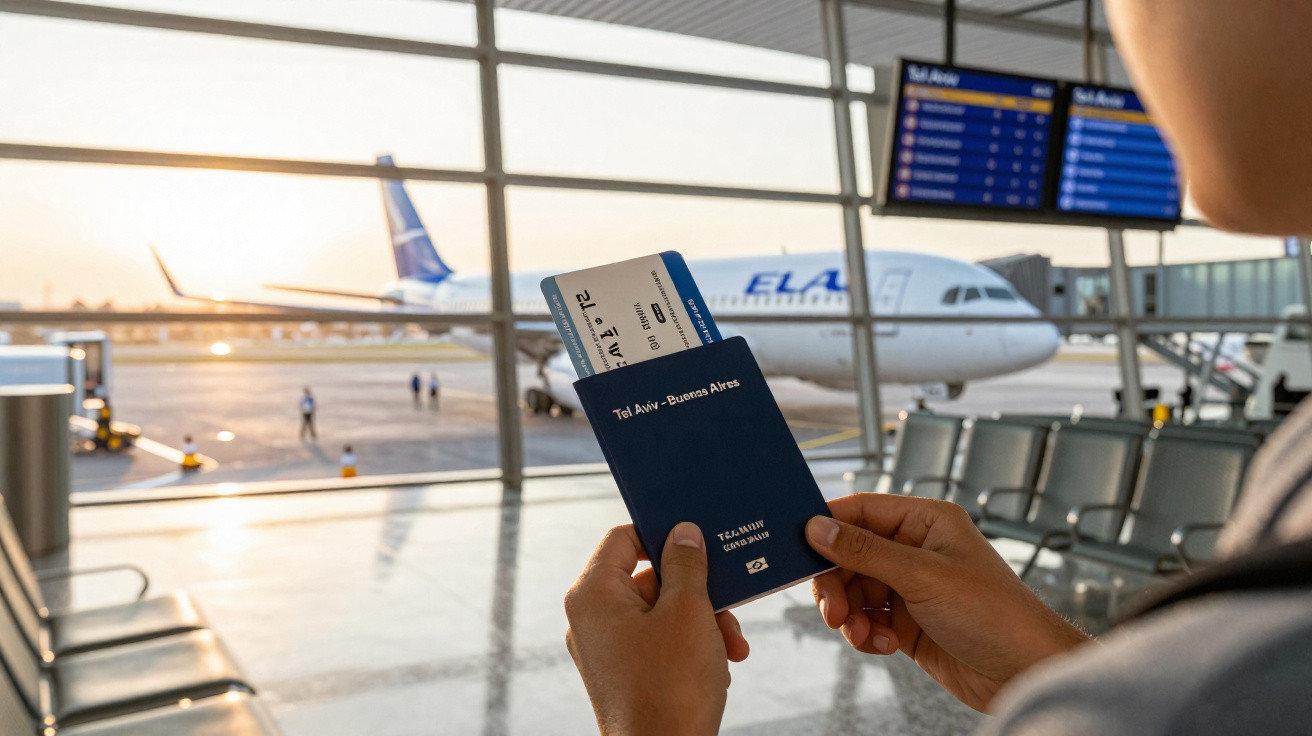 Pessoa numa sala de embarque a segurar passaporte brasileiro e bilhete de avião com avião ao fundo.