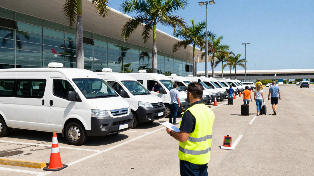 Homem com colete refletor verifica fila de turistas com bagagens junto a carrinhas brancas num terminal.