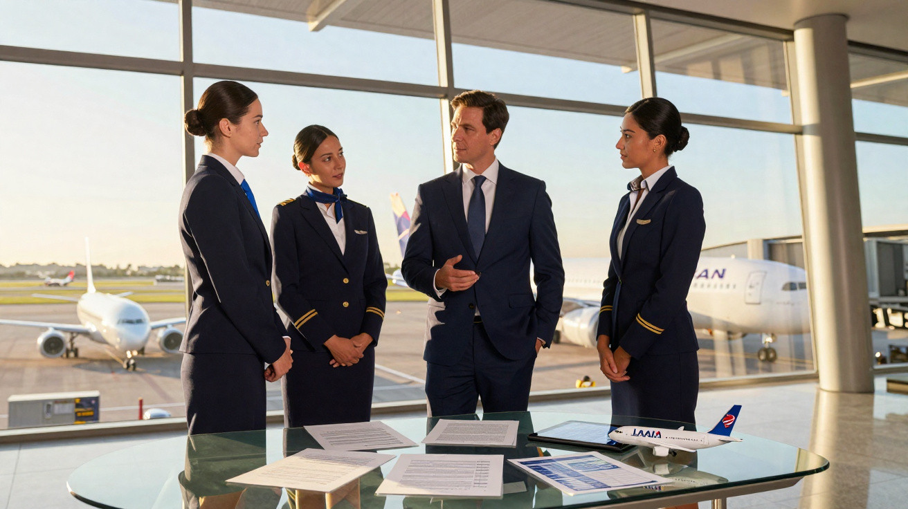 Grupo de profissionais de aviação em reunião perto de janelas com vista para aviões no aeroporto.