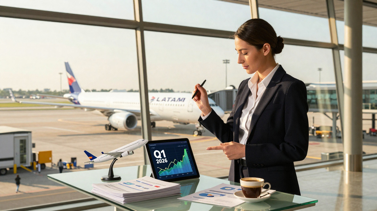 Mulher de negócios num aeroporto analisa gráfico de crescimento no tablet, com avião LATAM ao fundo.