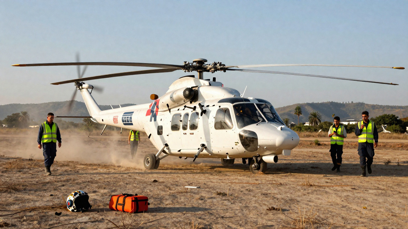 Helicóptero branco em terra com quatro homens de colete refletor e equipamentos de resgate no chão.