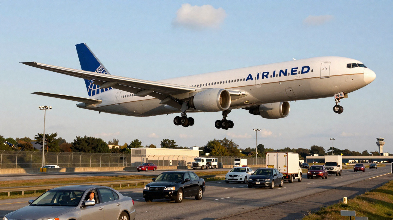Avião comercial a descer sobre estrada com carros em trânsito próximo a um aeroporto.