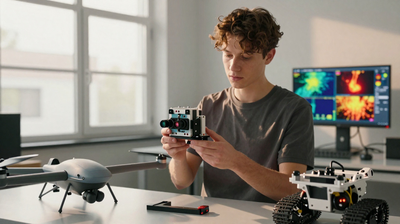 Jovem apresenta componente tecnológico junto a drone e robô em ambiente de laboratório tecnológico.