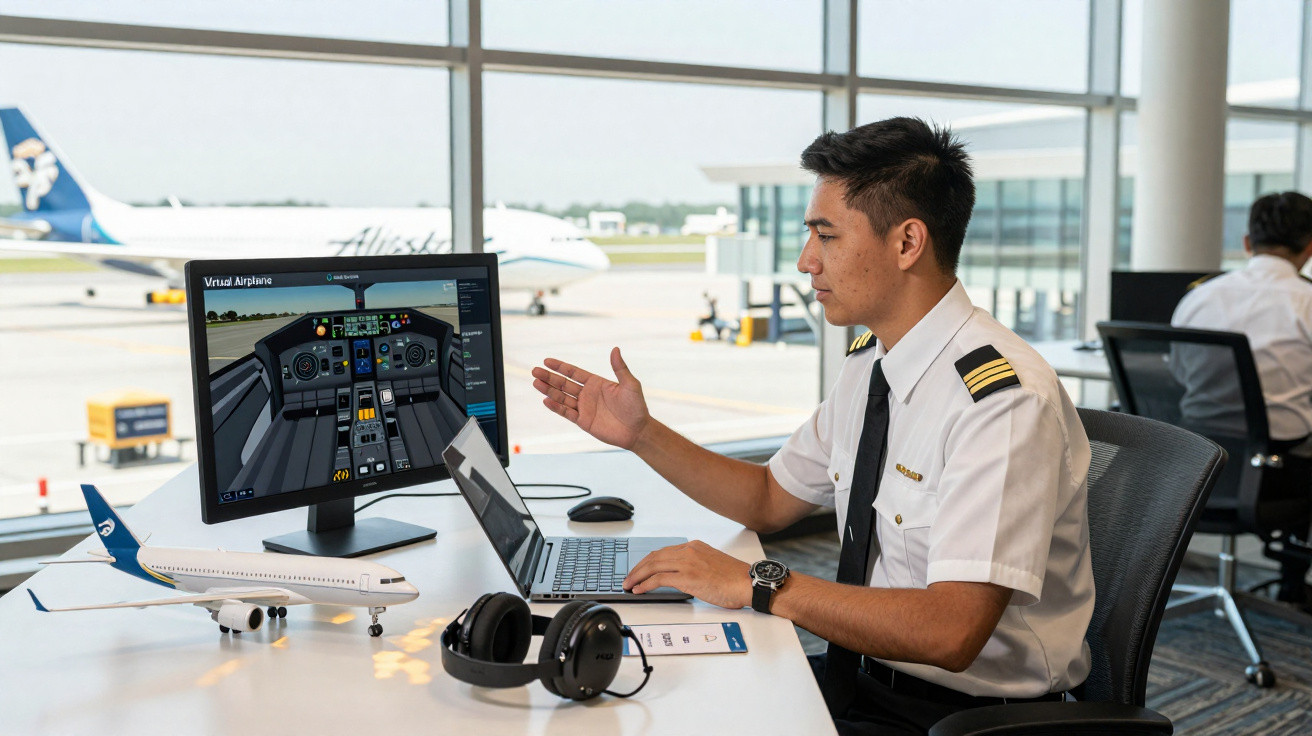 Piloto numa sala com janelas amplas, simulando voo num computador com modelo de avião na mesa.