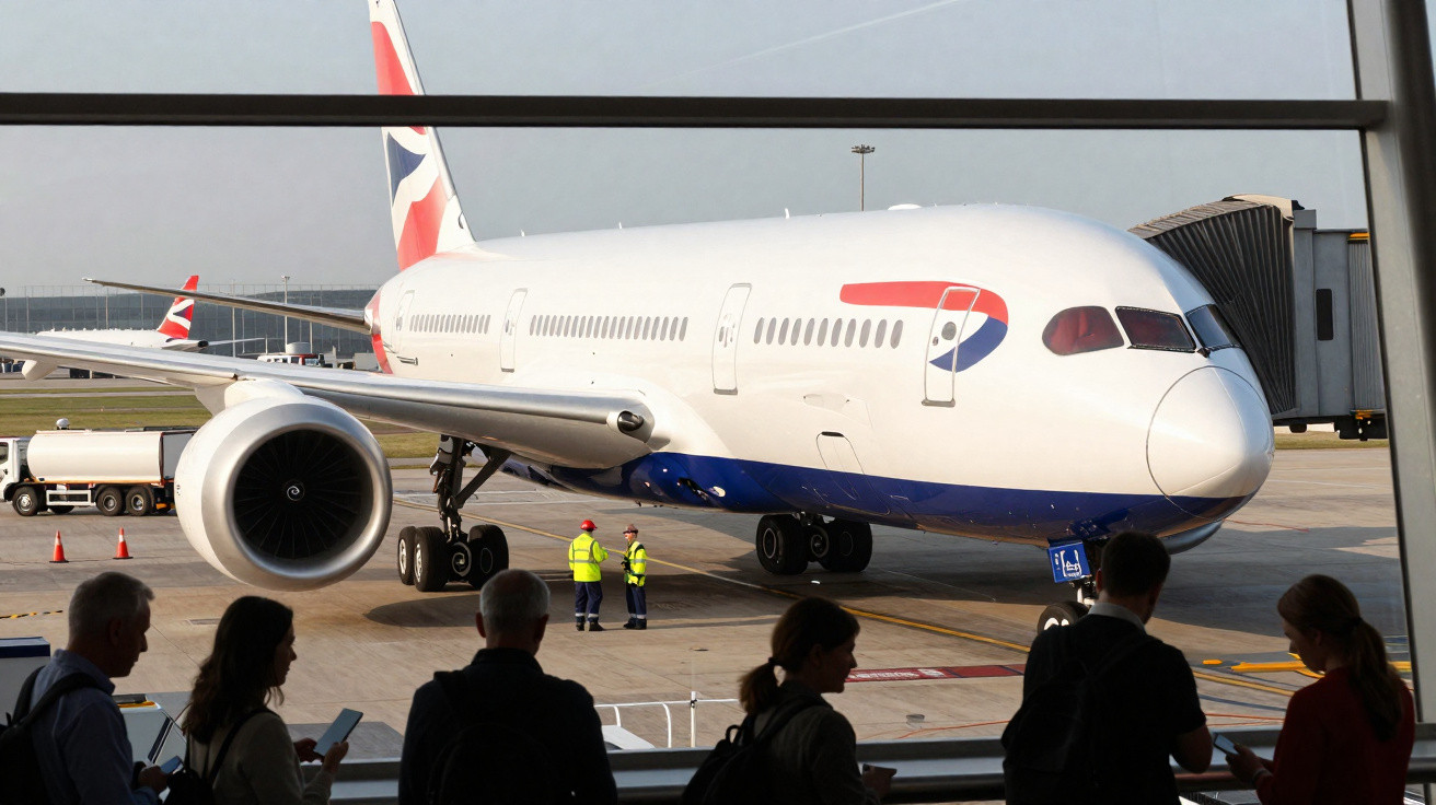 Avião da British Airways estacionado na porta do aeroporto com passageiros em primeiro plano.