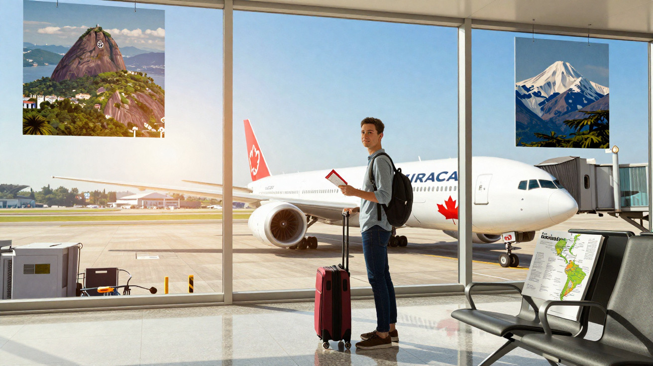 Homem com mochila e mala vermelha num aeroporto, avião no exterior e posters de montanhas na janela.