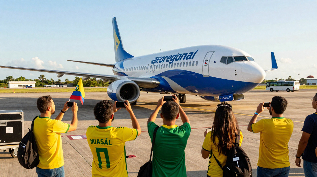 Pessoas a tirar fotos a um avião da Afrogonal numa pista de aeroporto sob céu limpo.
