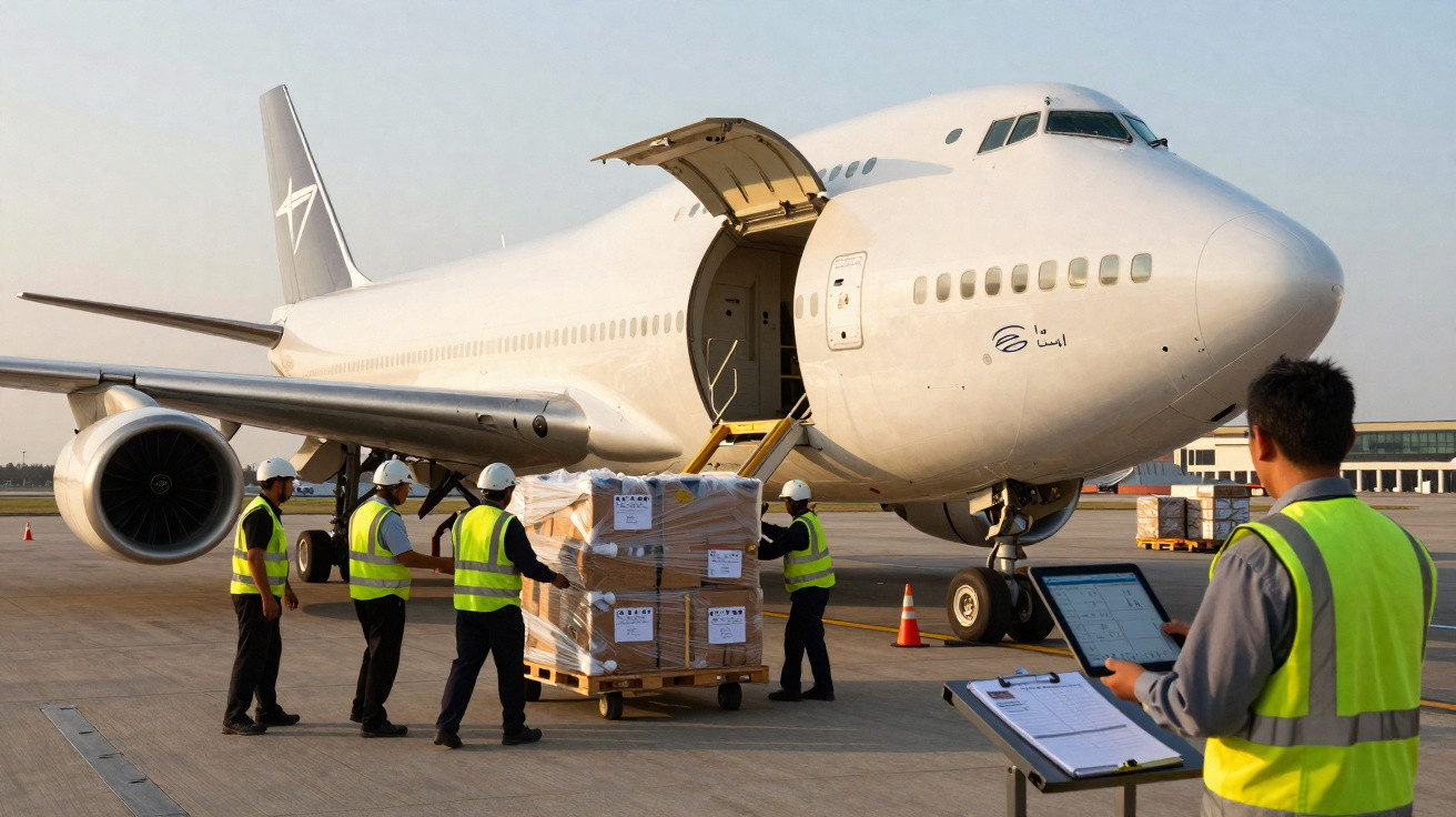 Trabalhadores em coletes refletores carregam mercadorias para avião de carga numa pista de aeroporto.