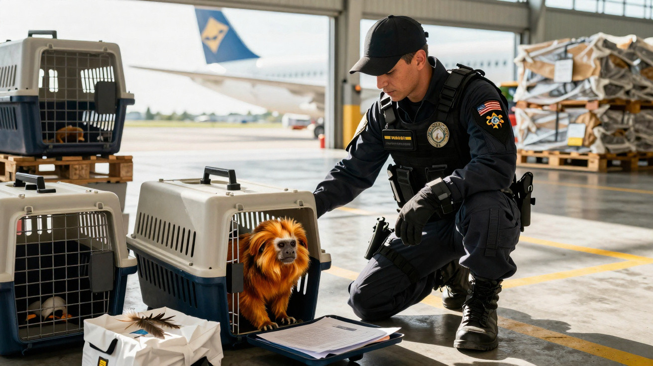 Agente de segurança verifica mascotes em caixas de transporte numa área de aeroporto com avião ao fundo.