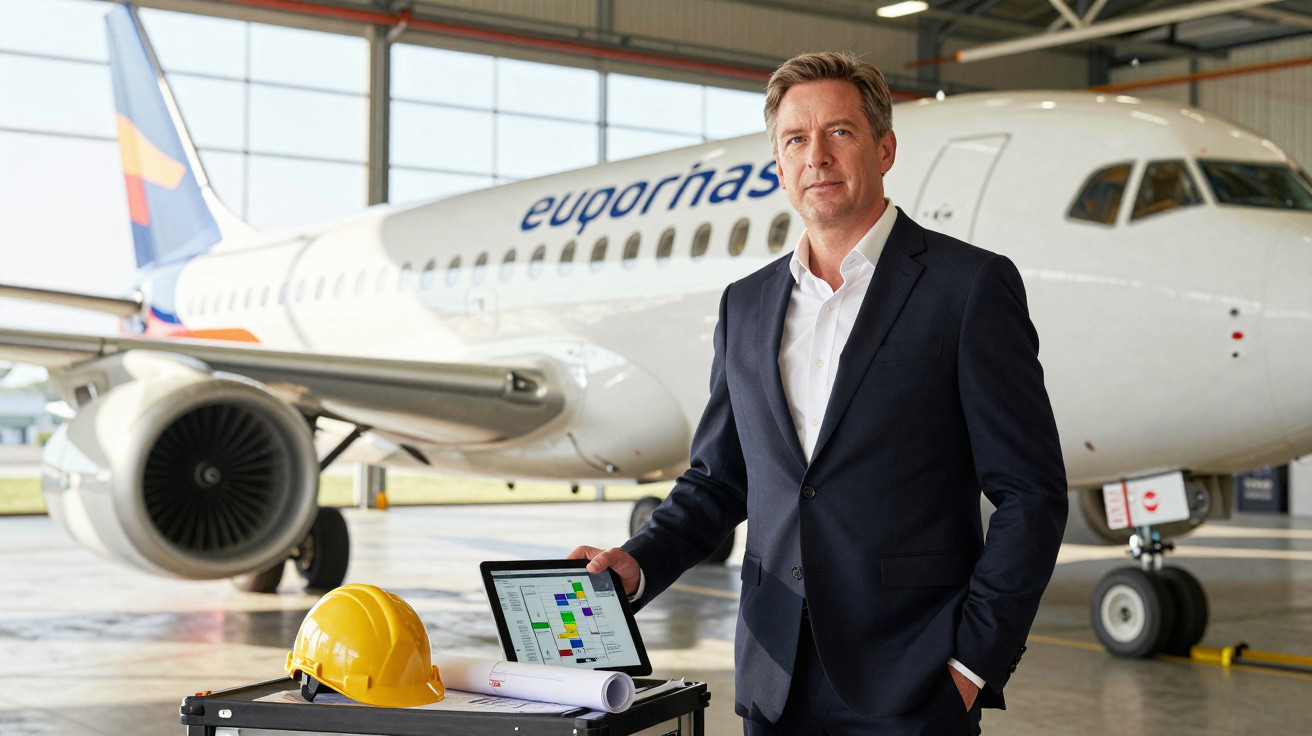 Homem de fato azul junto a avião no hangar, com capacete amarelo e tablet em carrinho de trabalho.