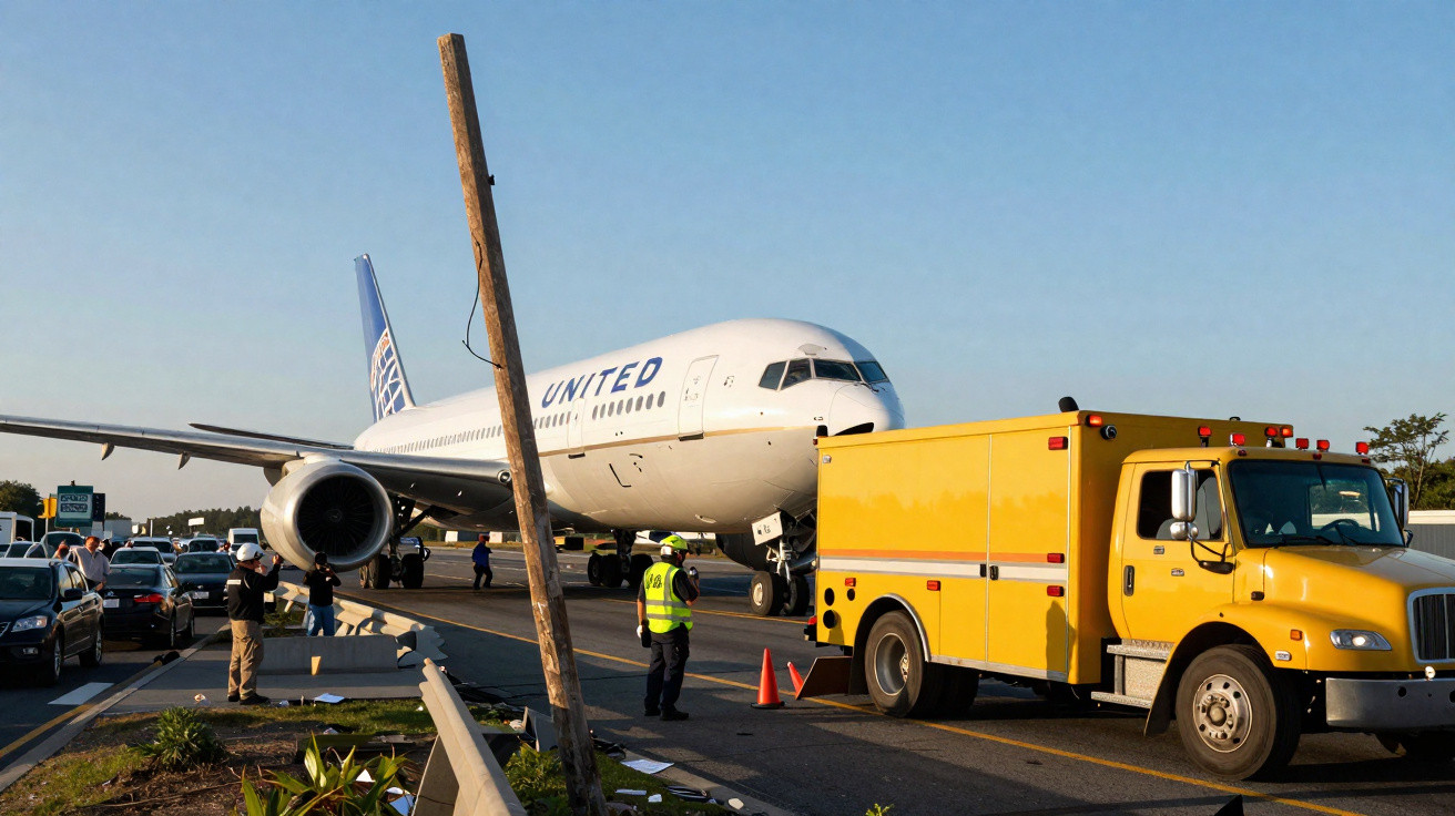 Avião da United parado numa estrada com carros e um camião amarelo em frente, várias pessoas no local.