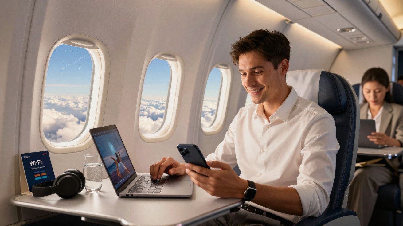 Homem a usar smartphone e computador portátil numa janela de avião com clouds visíveis.