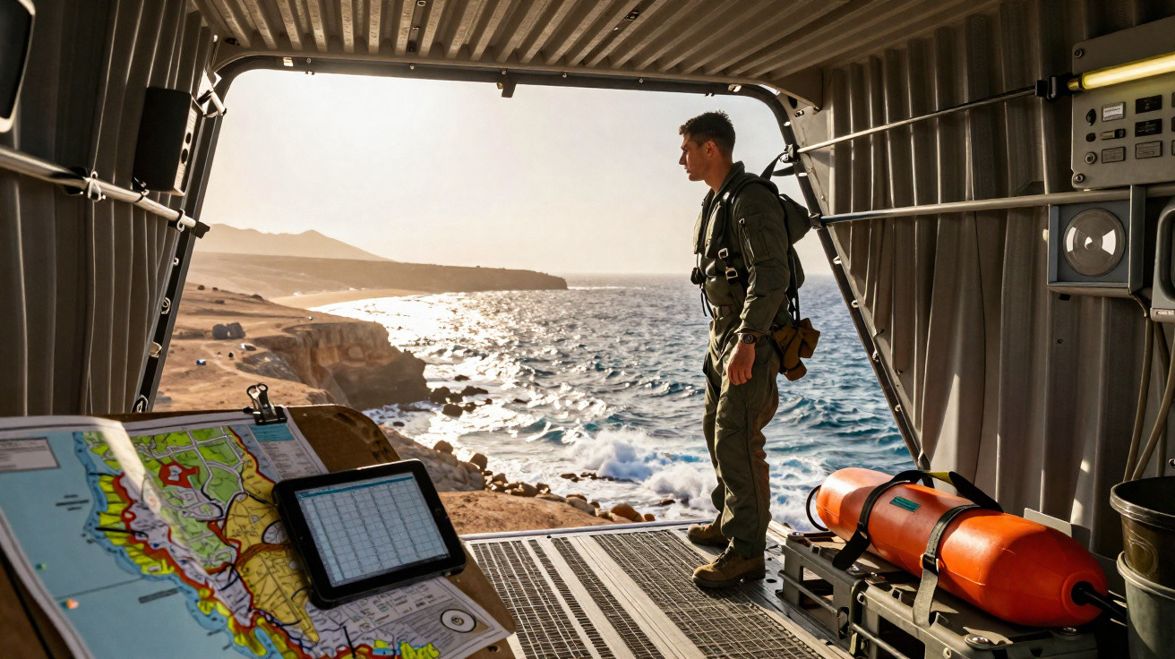 Homem de uniforme militar dentro de avião olhando para o mar e costa rochosa ao entardecer.