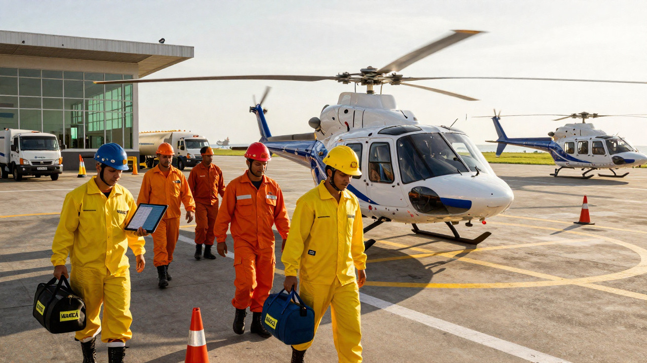 Trabalhadores com fatos de segurança e capacetes caminham perto de helicópteros numa helipista.