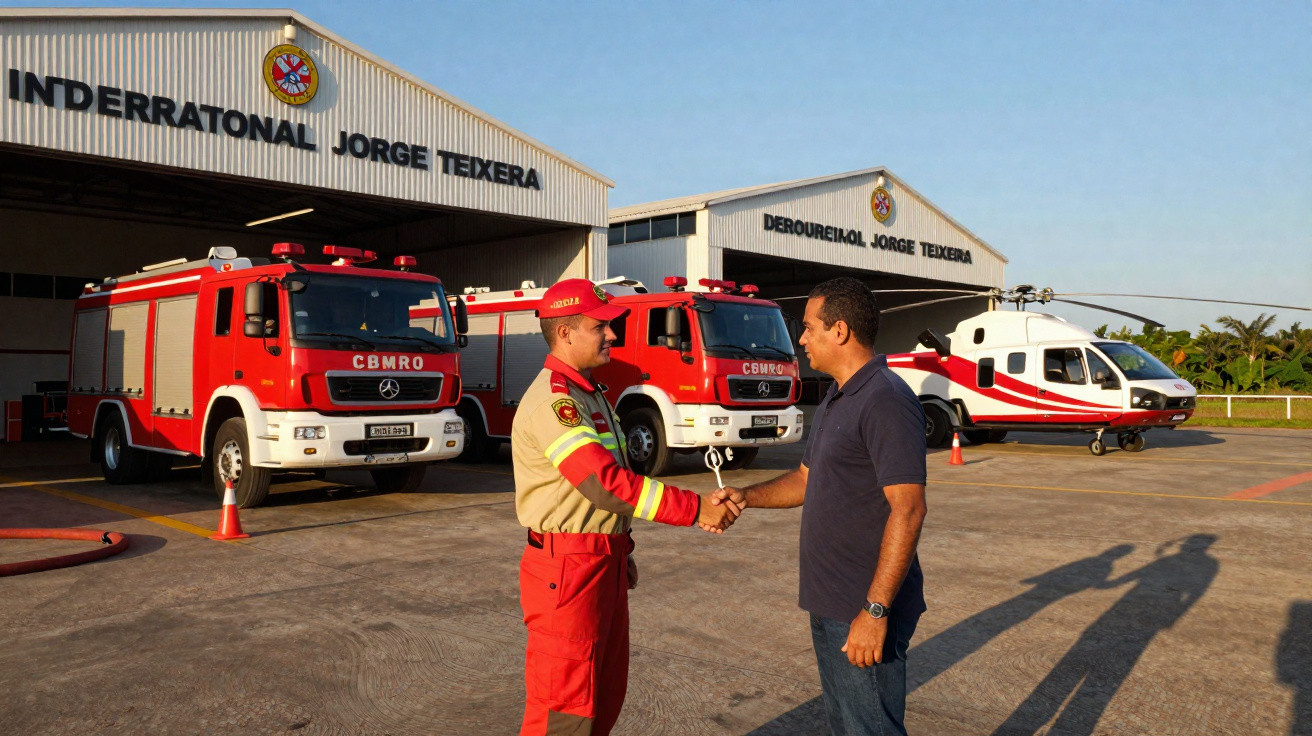 Bombeiro e homem a cumprimentarem-se em frente a dois carros de bombeiros e um helicóptero estacionados.