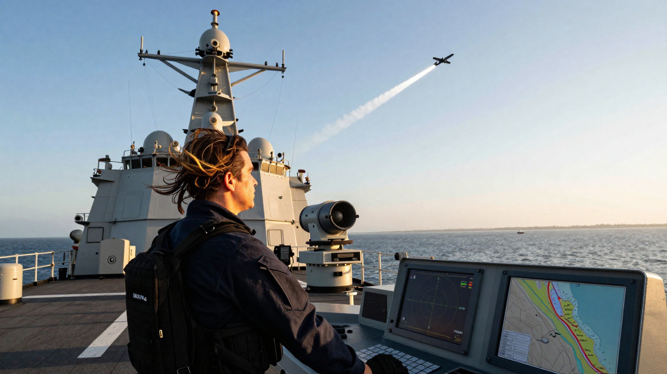 Pessoa de costas numa embarcação militar a operar equipamento de radar com avião a sobrevoar o mar ao fundo.