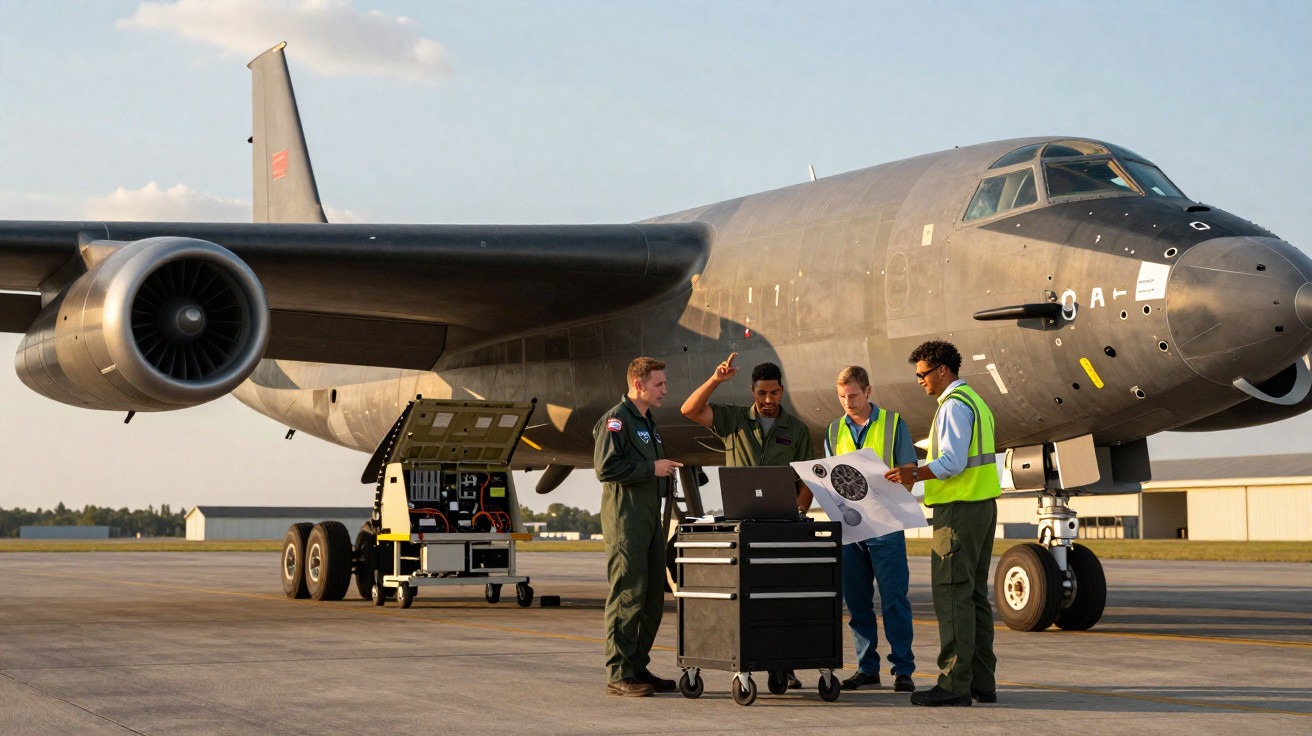 Quatro técnicos com planos e computador junto a aviões militares num aeroporto ao pôr do sol.