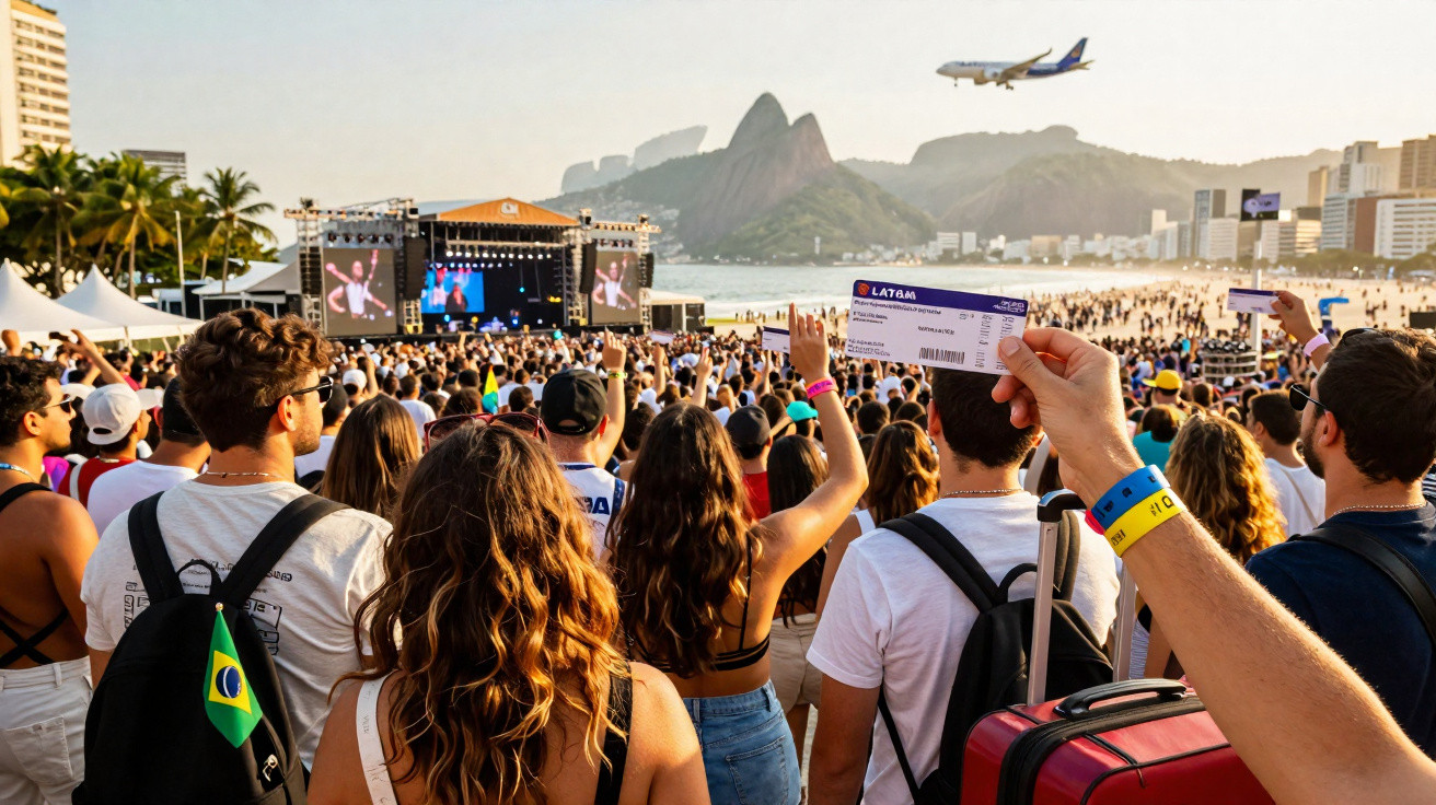 Multidão numa praia no Rio de Janeiro com palco de concerto, avião a aterrar e bilhete de voo à vista.